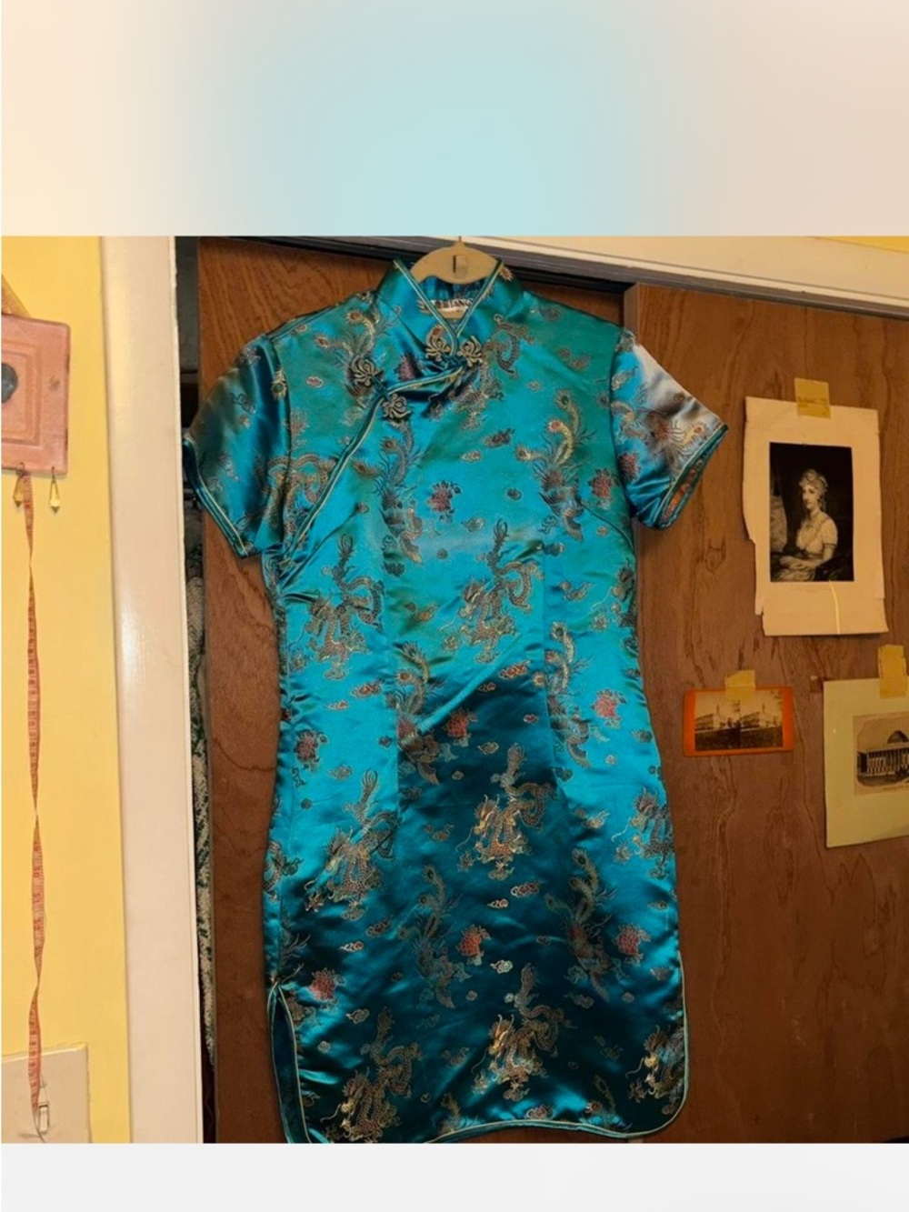 Vintage Teal Satin Cheongsam Dress with Gold Embroidery